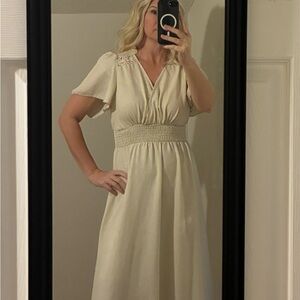 Cream maxi Dress flutter sleeves v neck smock waist lace detail fairy cottage